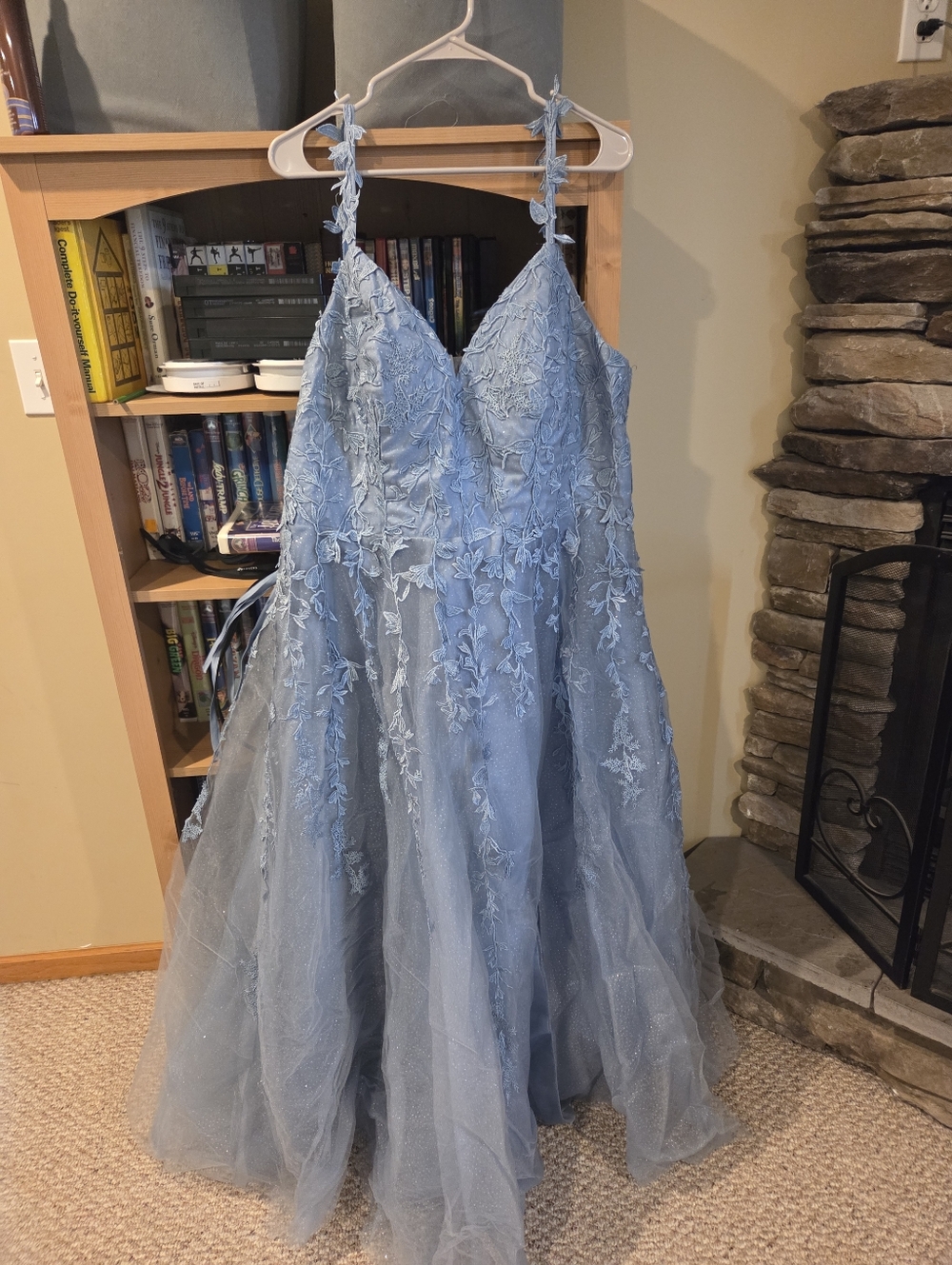 Light Blue Lace Appliqué Tulle Gown